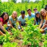 Group planting trees in a green landscape for climate action.