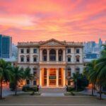Modern Bangkok office building aglow with vibrant twilight and grandeur.