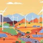 Tanzanian landscape with solar panels and wind turbines.