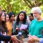 Diverse individuals engaged in conversation outdoors, fostering connection.