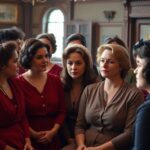 Group of women in historic attire engaged in discussion.