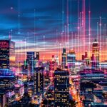 City skyline with digital overlays at dusk.