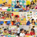 Children engaging in multilingual education in a colorful classroom.