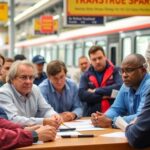 Transit workers in discussion during strike negotiations.