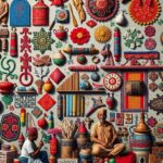Artisans working on traditional crafts in vibrant colors.