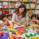 Diverse children learning together in a colorful classroom.