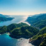Asia Pacific landscape with ocean, mountains, and vibrant green forests.