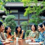 Diverse NGO representatives meeting in a green Japanese setting.