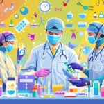 Healthcare professionals working together in a laboratory setting.