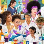 Diverse women and girls actively participating in science activities.