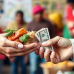 Hands exchanging food and money in a community setting.