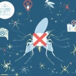 Mosquito with a red cross and preventive tools around it.
