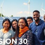 Diverse community members celebrating renewable energy initiatives.