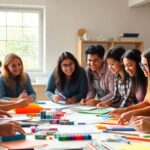 Diverse group collaborating on a project around a table.