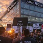 Workers on strike outside a corporate building during sunset.