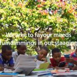 Diverse children studying outdoors with books and learning materials.