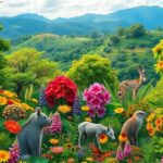 Diverse flora and fauna in a vibrant natural landscape.