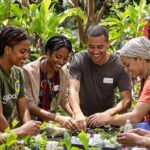 Diverse individuals collaborating outdoors for a sustainable future.