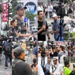 Diverse journalists reporting in various environments.