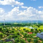 Renewable energy sources in an African landscape with communities.