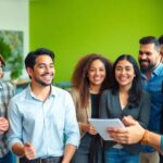 Diverse team collaborating in a vibrant office space.