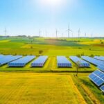 Green fields with solar panels and wind turbines.