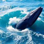 Humpback whale breaching in a vibrant blue ocean.