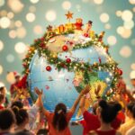 Diverse people celebrating around a decorated globe.