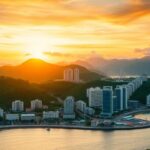 Coastal cityscape at sunrise with sustainable urban and natural harmony.