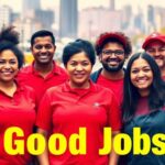 Diverse workers wearing red shirts with a city backdrop.