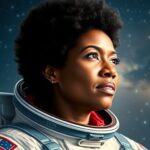 Dr. Mae Jemison in space suit against a starry background.