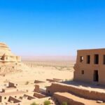 Ancient rock formations of Al Ula against blue sky.