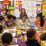 Diverse students learning together in a vibrant classroom.