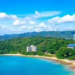 Asia Pacific coastal scene with forests, cityscape, wind turbines, ocean.