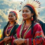 Indigenous elders and youth embrace culture amid vibrant outdoor nature.