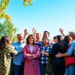 Diverse smiling community gathering outdoors with warm, genuine facial smiles