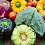 Fresh fruits and vegetables on a rustic wooden table.