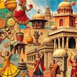Colorful collage of traditional dancers and cultural artifacts.