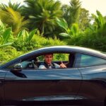 Jakson Alvarez driving an electric car in nature.