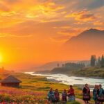 Vivid indigenous scene featuring traditional dwellings, colorful community, natural beauty.