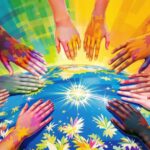 Diverse group holding hands on a globe, promoting unity.