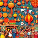 Colorful cultural artifacts and people celebrating together.