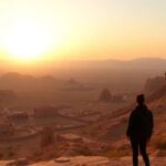 Al Ula's rocky landscape with ancient ruins at sunset.