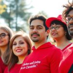 Diverse group in red clothing stands united outdoors.