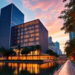 Bangkok skyline with elegant building and vibrant dusk urban scene.