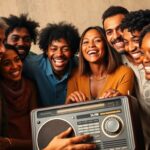 Diverse group enjoying music from a vintage radio together.