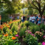 Community garden in Kosovo with volunteers and greenery.