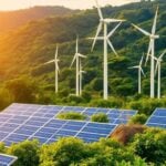 Solar panels and wind turbines in a green landscape.