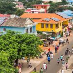 Colorful buildings and solar panels in Dar es Salaam.