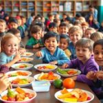 Children eating healthy meals in a lively school cafeteria.